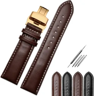 Butterfly Clasp,Classic Leather Watch Strap Replacement,Genuine Leather Watchband for Men & Women- Black & Brown-Choose Sizes Jaxon Top Grain Calf Leather Watch Band branch Rose Gold Deployment 