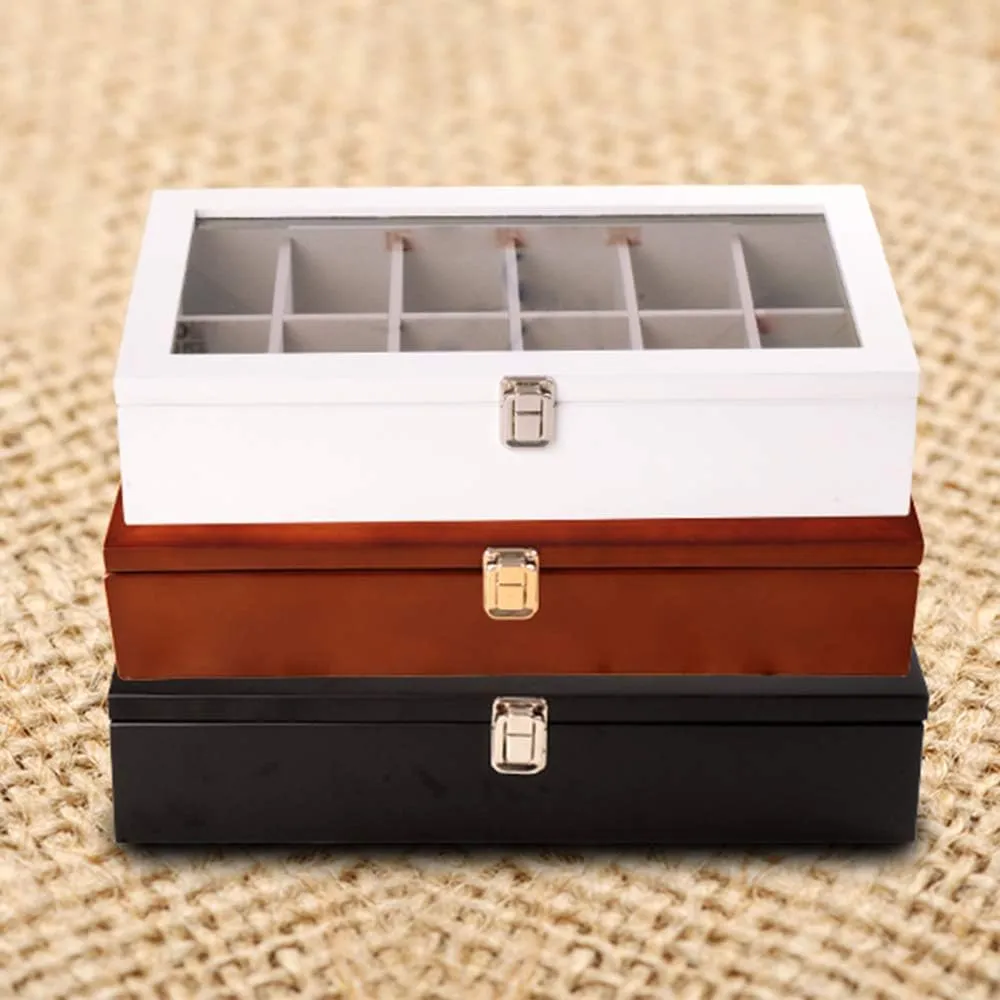 Capacity Storage Box, 12 Compartments, Glass Sunroof, Multi-Function orientation enlighten physical Storage Box, Black and White Brown Solid Wood, Large 