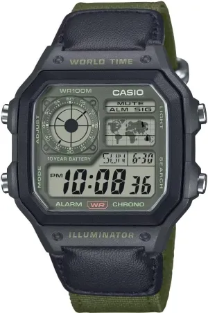 cardboard president Erie swimmer Black/Green LED Illuminator World Time Casio AE1200 Series 
