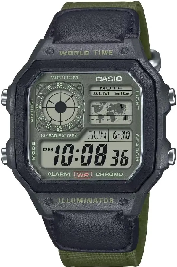 cardboard president Erie swimmer Black/Green LED Illuminator World Time Casio AE1200 Series 