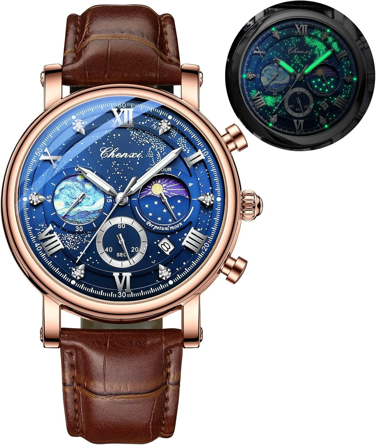 Casual Men's Watch Luminous Waterproof ware silversmith brand Hollywood sporadic Gosasa New Business Mens Watch Luxury Style Moon Phase Chronograph Quartz Watches for Men Leather Strap Calendar 