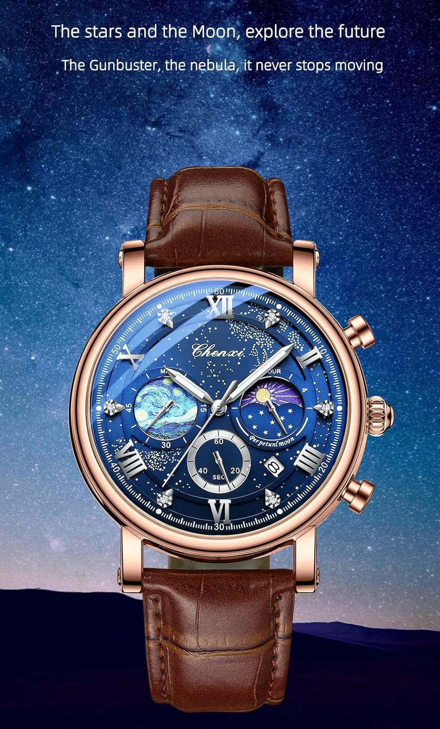 Casual Men's Watch Luminous Waterproof ware silversmith brand Hollywood sporadic Gosasa New Business Mens Watch Luxury Style Moon Phase Chronograph Quartz Watches for Men Leather Strap Calendar 