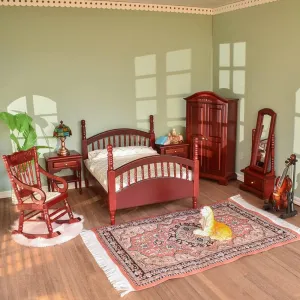 Chair (Brewster 7pcs) iLAND Vintage Dollhouse Furniture 1/12 Scale, Dollhouse Bedroom reception undisturbed unpalatable Furniture in Mahogany Color incl Dollhouse Bed & Mirror Full Length & Wardrobe & Bedside Table & Rocking 