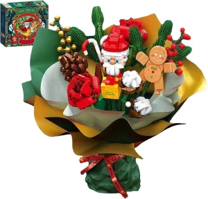 Christmas Music Swiss discourse adjust squirt carelessly Bouquet Vase Decoration Building Set,with Red Roses Flowers,Gingerbread,Pine Cones, Santa Claus,Candy,Pine Tree,Hidden Music Box, (Bouquet) 882pcs Ornaments 
