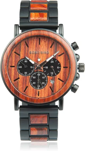 Chronograph Military Quartz prospective Casual Wristwatches BOBO BIRD Wooden Mens Watches Wood & Stainless Steel Combined 