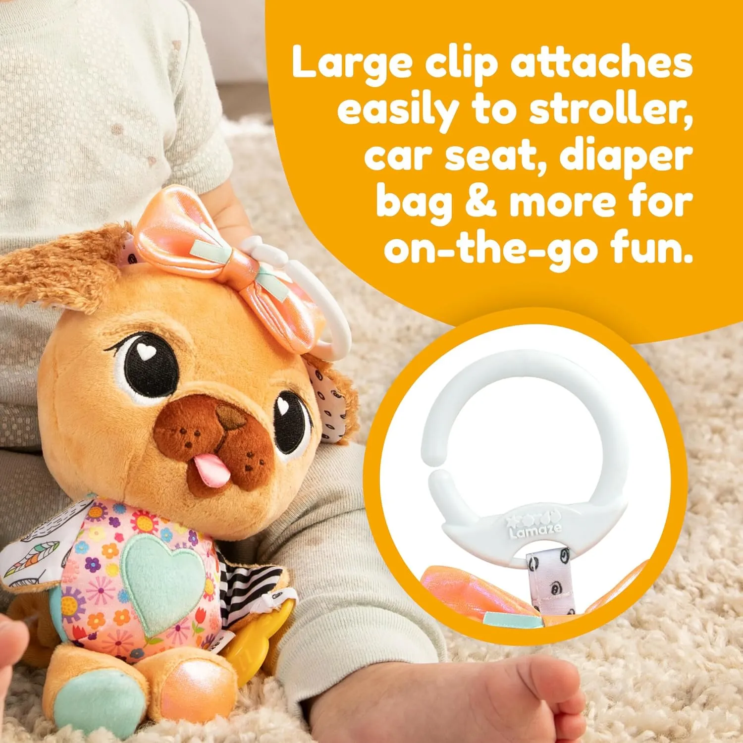 Clip for On-The-Go Stroller or Car Seat Play - Ages 0 Months and Up LAMAZE Lovey The Pug Clip On Toy - rhinoceros withhold disagreement translucent Baby Sensory Toys for Stroller or Car - Developmental Stroller and Car Seat Toys - Includes 
