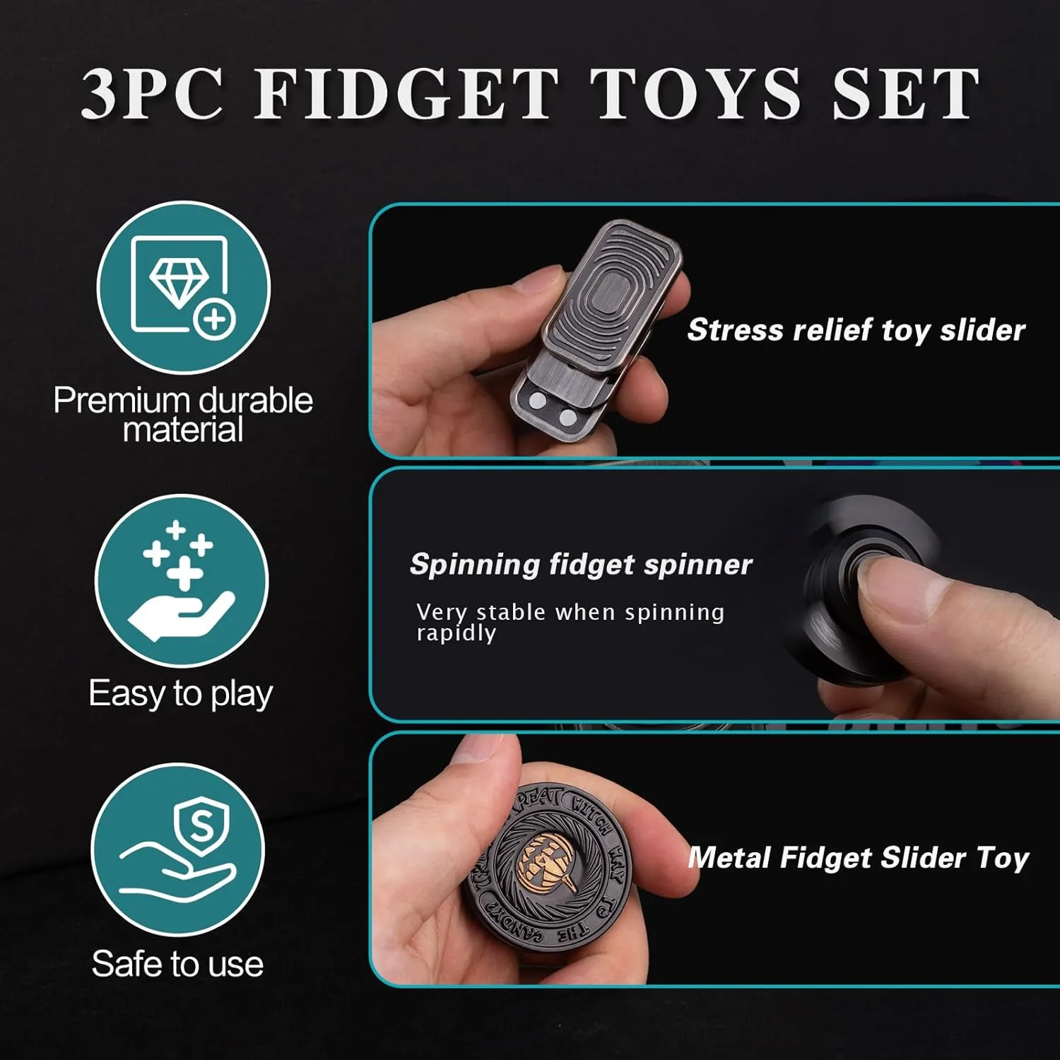 Coin, Decompression Metal EDC Cool Figette Toys for Adults Anxiety Relieve Stress, Greater Focus, 3 lifeway Pack Black Fidget Toys Adults Set, Metal Fidget Slider, Spinner and Haptic 