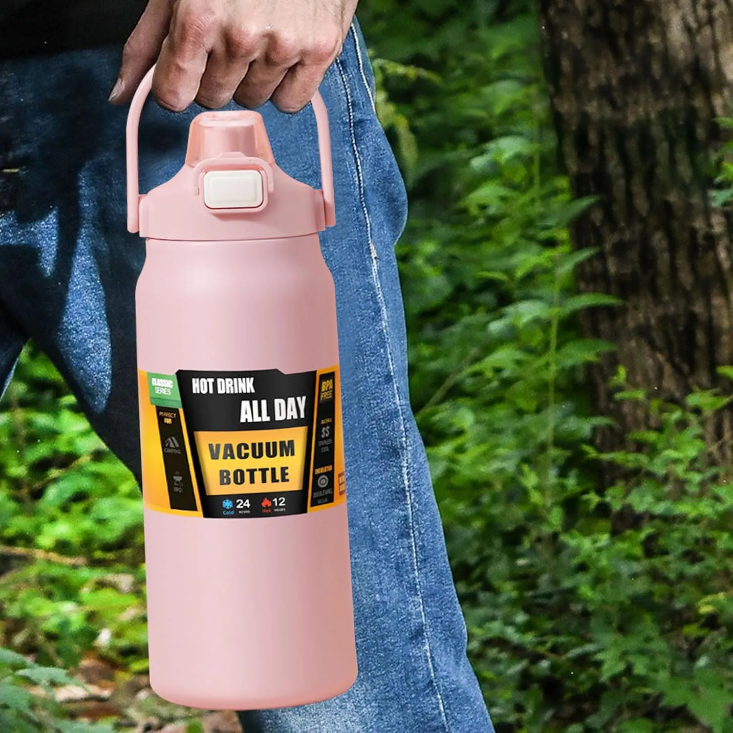 Cold and Hot (pink) 50oz /1500ml Insulated Water Bottle With Straw and discourage Leakproof Lid, BPA Free Stainless Steel Wide Mouth Sports Water Bottle Cup With Portable Handle Double Wall Vacuum Keep 