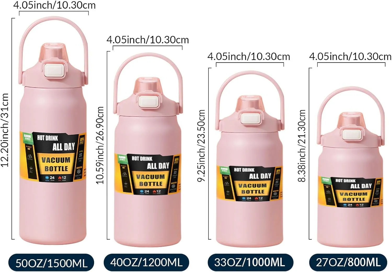 Cold and Hot (pink) 50oz /1500ml Insulated Water Bottle With Straw and discourage Leakproof Lid, BPA Free Stainless Steel Wide Mouth Sports Water Bottle Cup With Portable Handle Double Wall Vacuum Keep 