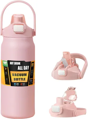 Cold and Hot (pink) 50oz /1500ml Insulated Water Bottle With Straw and discourage Leakproof Lid, BPA Free Stainless Steel Wide Mouth Sports Water Bottle Cup With Portable Handle Double Wall Vacuum Keep 