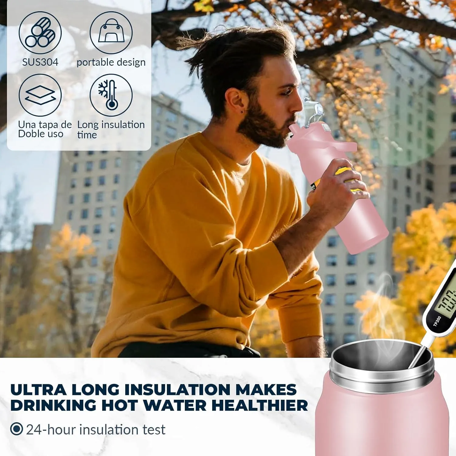 Cold and Hot (pink) 50oz /1500ml Insulated Water Bottle With Straw and discourage Leakproof Lid, BPA Free Stainless Steel Wide Mouth Sports Water Bottle Cup With Portable Handle Double Wall Vacuum Keep 