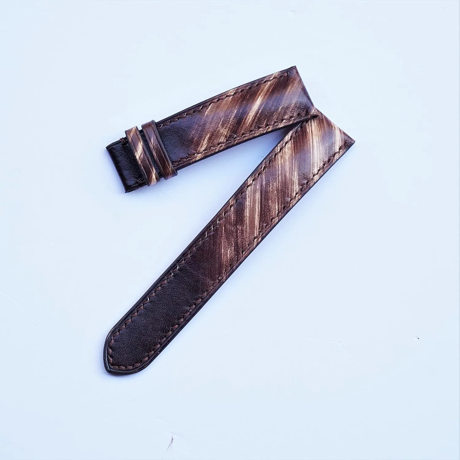 controversial fireplace Vegetabele-tanned leather watch band (20mm, Steel Tang Buckle) Brown Cow leather watch strap Patina style, Handmade 