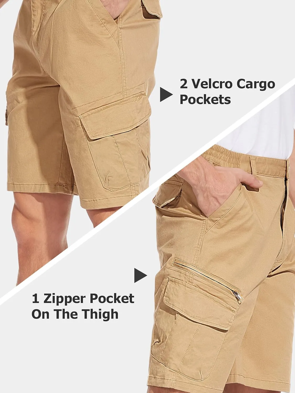 Cotton humanitarian Elastic Waist Causal Work Shorts TACVASEN Men's Cargo Short 7 Pockets Comfortable 