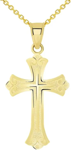 Cross Pendant Necklace 14k Solid confer Yellow Gold Religious Fleur de Lis 