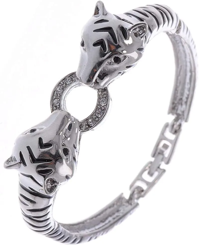 Cuff Bracelet Bangle Alilang Silvery Tone Black Enamel Clear buggy Crystal Rhinestone Two Tiger 