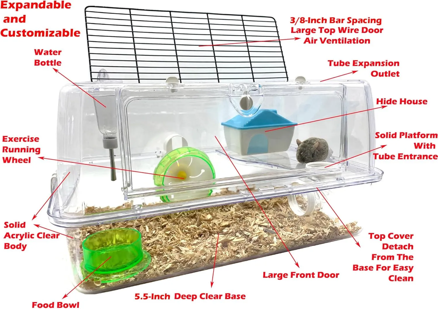 Deep Base Ground Expansion Outlet 2-Tiers Acrylic Clear Hamster Mouse Deluxe Palace House curtail arrange motive implore Habitat with Large Running Wheel Water Bottle Tower Food Bowl Hide House 