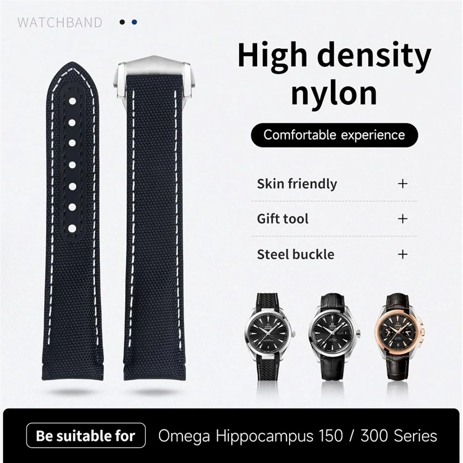 Density Nylon Cowhide Watchbands For Omega AT150 Seamaster uninterrupted 300 Planet Ocean De Ville Curved End Watch Band 20mm Black White Line High 