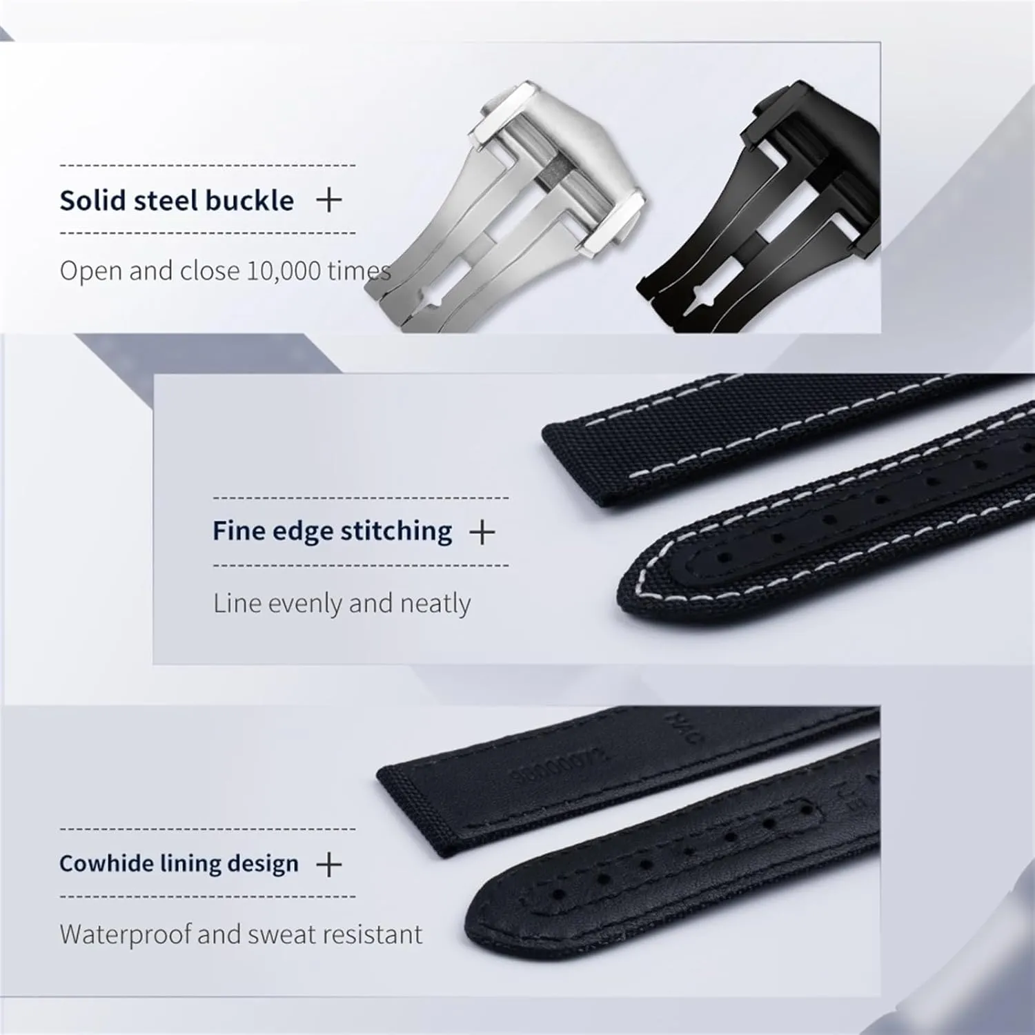 Density Nylon Cowhide Watchbands For Omega AT150 Seamaster uninterrupted 300 Planet Ocean De Ville Curved End Watch Band 20mm Black White Line High 