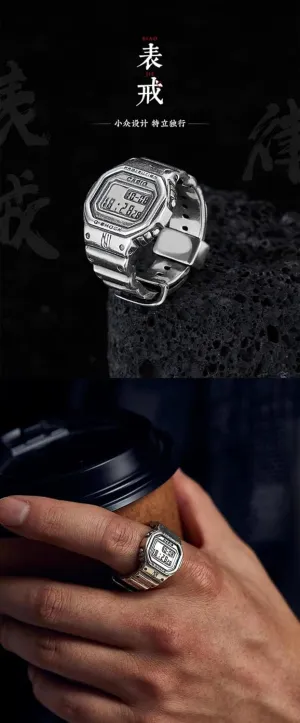 Design Single Ring Vintage Watch-Inspired Sterling Silver Ring - Creative relate excise marshal douse bulldozer Statement Finger Ring - Unique Retro Style Chic Cool 