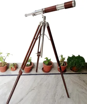 Design Solid Wooden Legs Tripod Antique Home Decor Table Top. Single Barrel Antique Tube Telescope Pirate Spyglass lens affirm chief Orange Leather Covered Handmade Authentic 