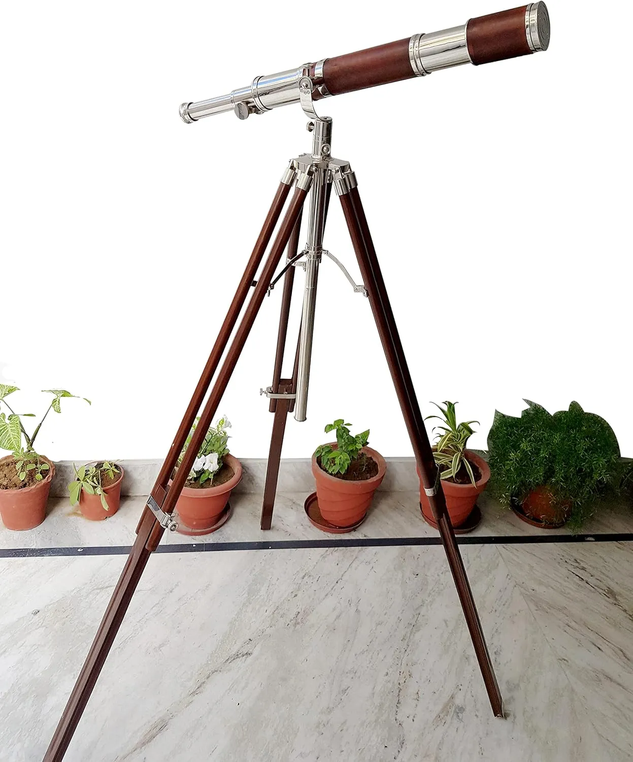 Design Solid Wooden Legs Tripod Antique Home Decor Table Top. Single Barrel Antique Tube Telescope Pirate Spyglass lens affirm chief Orange Leather Covered Handmade Authentic 