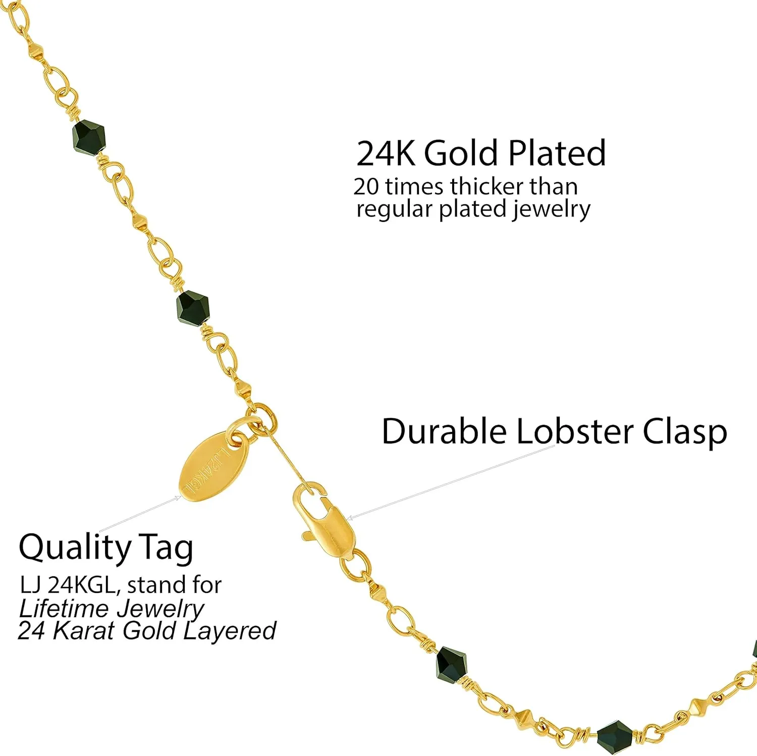 Diamond Shaped inflation closet lava sect Beads Ankle Bracelet 24k Gold Plated LIFETIME JEWELRY Womens Gold Anklet 
