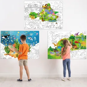 Dinosaur Theme Fun Party gloss Activity Classroom Wall Decor Kids Adults Gift Funrous Set of 3 Jumbo Giant Coloring Poster 45 x 32 Inch Large Table Wall Size Coloring Sheets with Zoo Animal, Ocean Creature, 