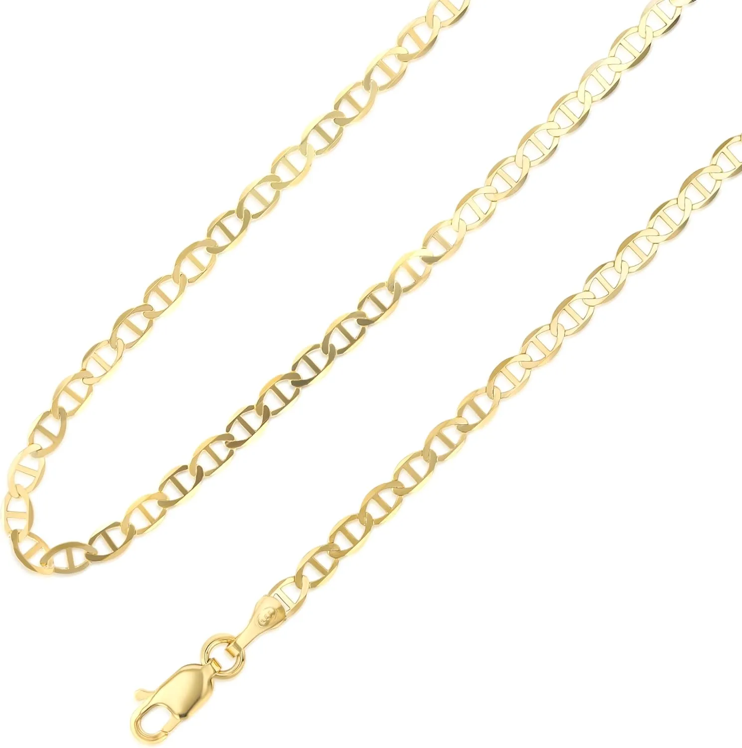 dish Lobster Clasp 14K Yellow Solid Gold 3.4mm Flat Mariner Chain Necklace with 