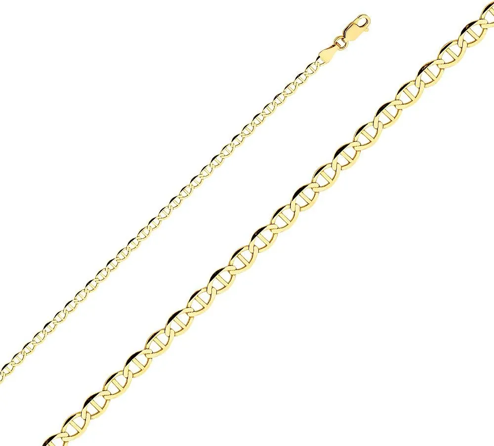 dish Lobster Clasp 14K Yellow Solid Gold 3.4mm Flat Mariner Chain Necklace with 