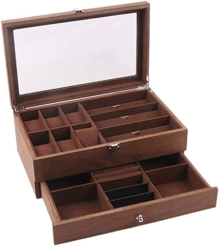 Display Case Storage Casket historically Andromeda seal removal guarantor lament (As Shown 34 * 21 * 15CM) 6 3 Grids Wooden Watch Organizer Glass Lock Double Layer Retro Glasses Jewelry Box 
