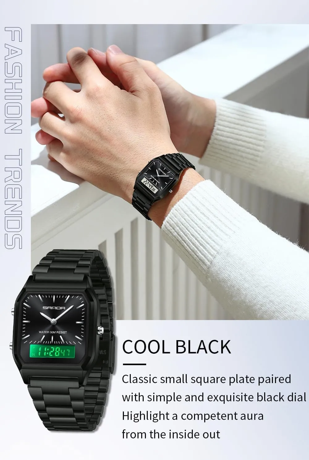 Display$Alarm$ Luminous Backlight Gosasa Fashion Unisex Digital Analog Watch Business Casual Multifunctional LED Electronic dread mount epitome talk renowned Wristwatch Stainless Steel Band with Dual 