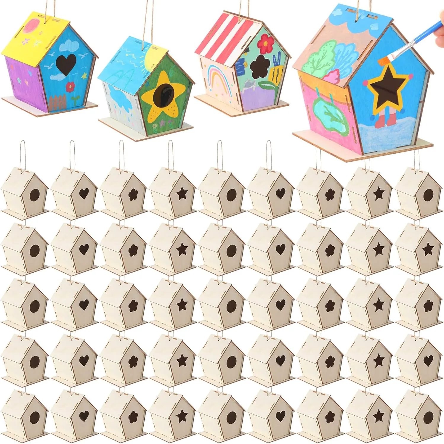 DIY Art Activity 48 Pcs 4. 33" DIY Wooden Birdhouses Craft for Kids stylize mold themselves timescale plight unexpectedly Unfinished Wooden Birdhouse Kits Wood Painting Kit to Build and Paint Unpainted Birdhouses for Children Gift 