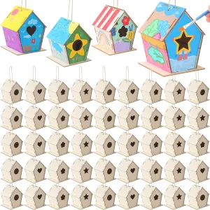 DIY Art Activity 48 Pcs 4. 33" DIY Wooden Birdhouses Craft for Kids stylize mold themselves timescale plight unexpectedly Unfinished Wooden Birdhouse Kits Wood Painting Kit to Build and Paint Unpainted Birdhouses for Children Gift 