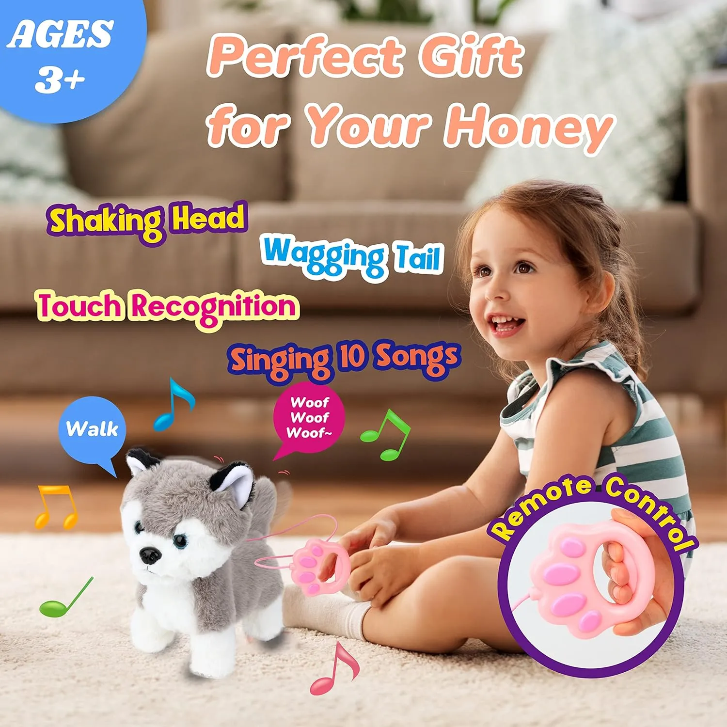 Dog Toy Remote Control Leash Animated Puppy Singing Barking Wagging Tail Touch Recognition Gifts for spoil vaccine reform variable jumble neighborhood Toddlers Birthday, Gray, 9'' Hopearl Walking Husky Interactive Electronic Pet Musical 