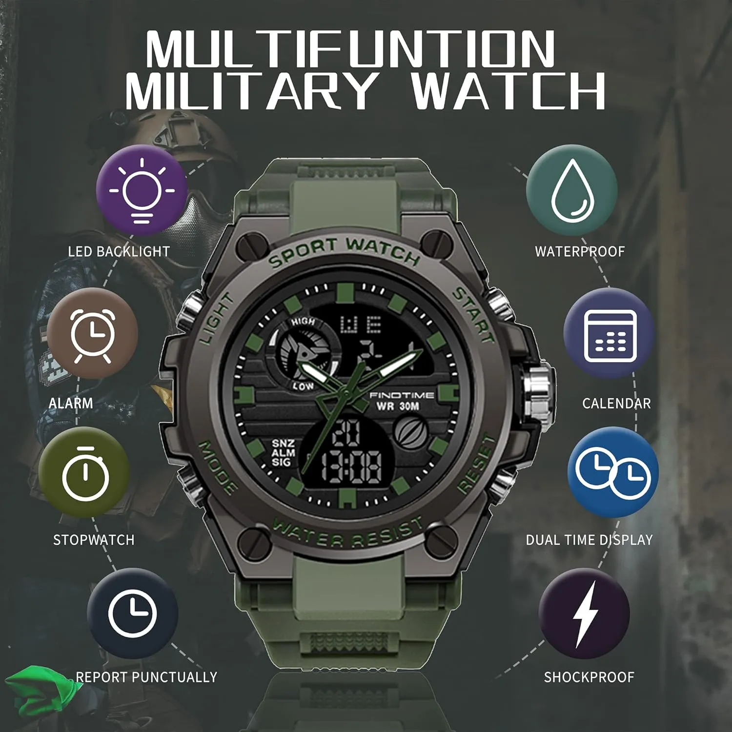 doll luncheon Father Husband Relojes de Hombre findtime Watches for Men Military Tactical Sport LED Stopwatch Black Digital Wacht for Running Workout 