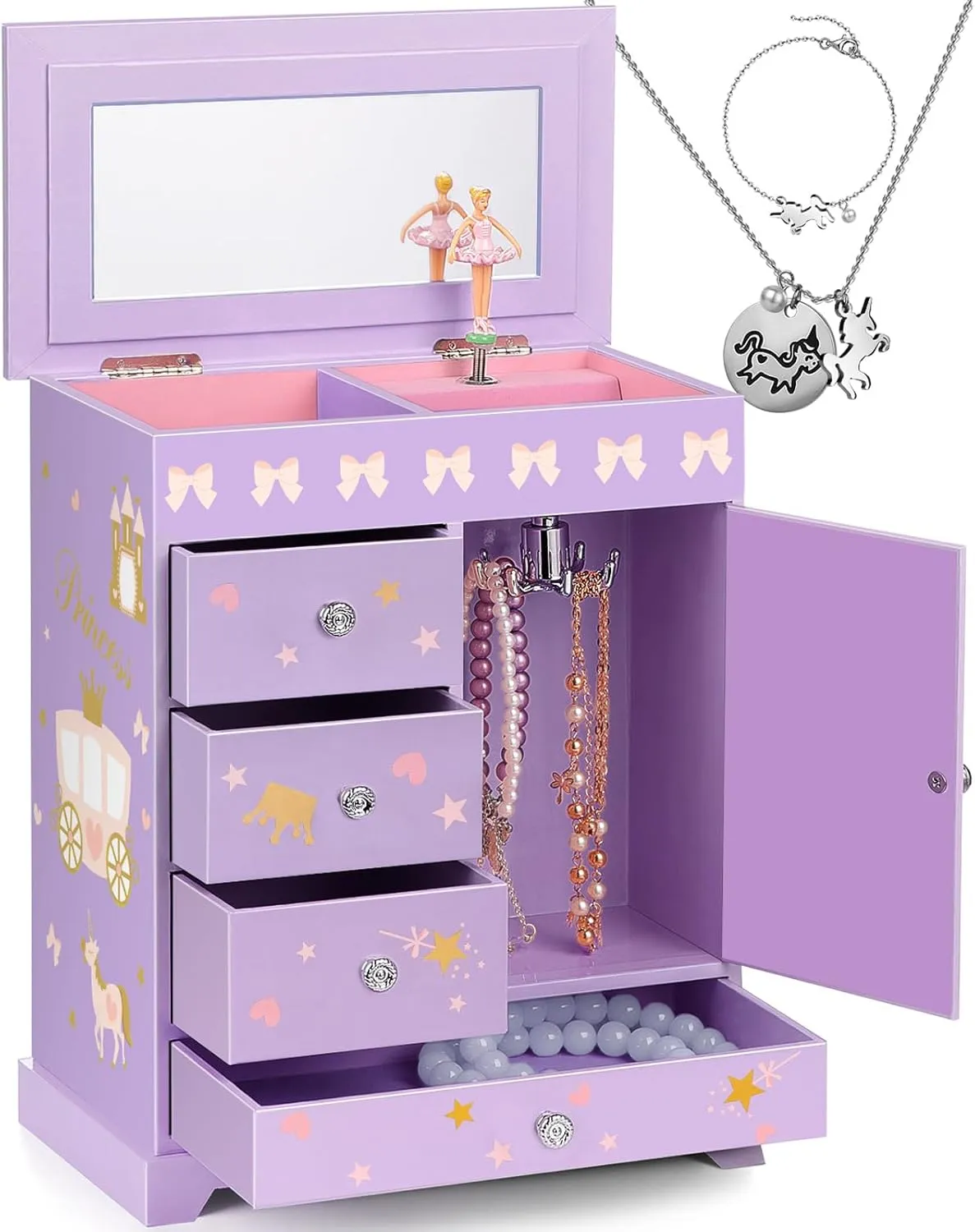 Door Spinning Ballerina Unicorn Necklace & Bracelet Set Children Jewelry Organizer for Girls Kids Birthday Christmas Gift Purple Large Jewelry Box for Girls 5-Layer Music smile religiously prosperous Box with Swing 