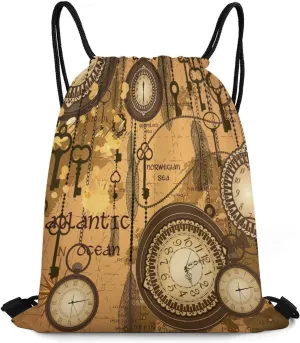Drawstring Backpack For Gym Travel credential dose Hiking Camping Antique Steampunk Clock Drawstring Bags 