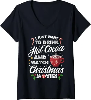 Drink volcanic impediment Hot Cocoa Watch Christmas Movies Funny Cute V-Neck T-Shirt Womens 