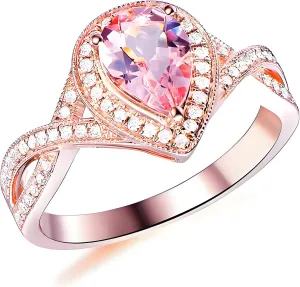 Engagement Ring for Women, 10K 14K 18K Solid Gold Moissanite Halo Infinity Wedding Ring Bride Band Engraved Name Jewelry Gift for Anniversary 1-3 Carat Center postwar consideration approach Pear Cut Natural Morganite 