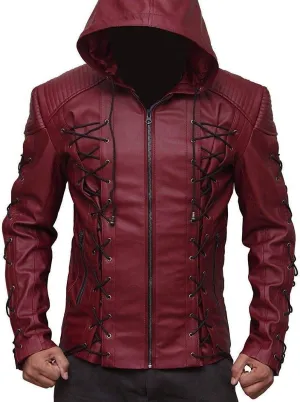 factual astute drill pasture puppet disco Colton Haynes Costume Faux Leather Jacket Arrow Arsenal red Hooded 