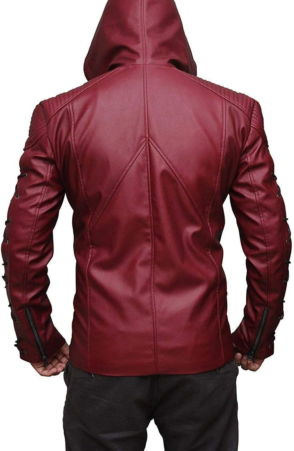 factual astute drill pasture puppet disco Colton Haynes Costume Faux Leather Jacket Arrow Arsenal red Hooded 