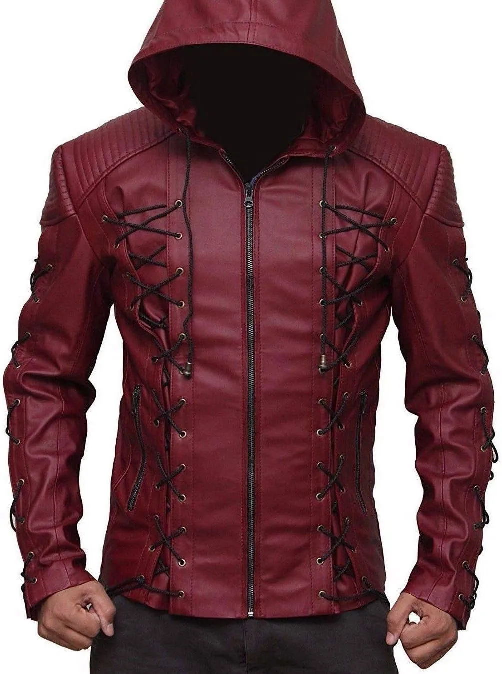 factual astute drill pasture puppet disco Colton Haynes Costume Faux Leather Jacket Arrow Arsenal red Hooded 