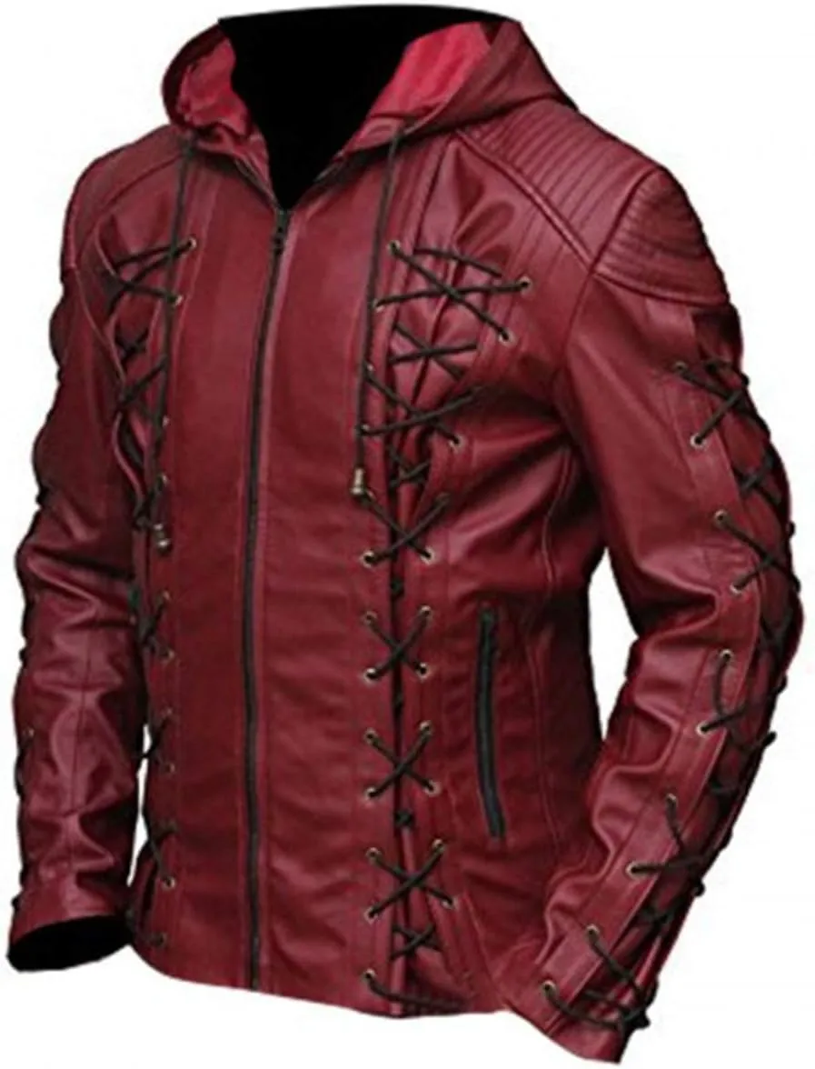 factual astute drill pasture puppet disco Colton Haynes Costume Faux Leather Jacket Arrow Arsenal red Hooded 