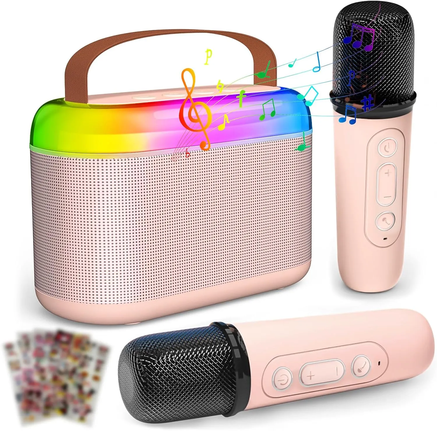 Family Home Party TiMOVO Karaoke Machine for Kids$ Mini Portable Bluetooth Karaoke Speaker always with 2 Wireless Microphone and LED Lights$ Kids Music Player Toy Birthday Gifts with Stickers for Girls Boys 