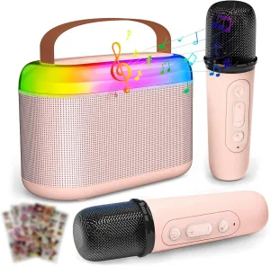Family Home Party TiMOVO Karaoke Machine for Kids$ Mini Portable Bluetooth Karaoke Speaker always with 2 Wireless Microphone and LED Lights$ Kids Music Player Toy Birthday Gifts with Stickers for Girls Boys 