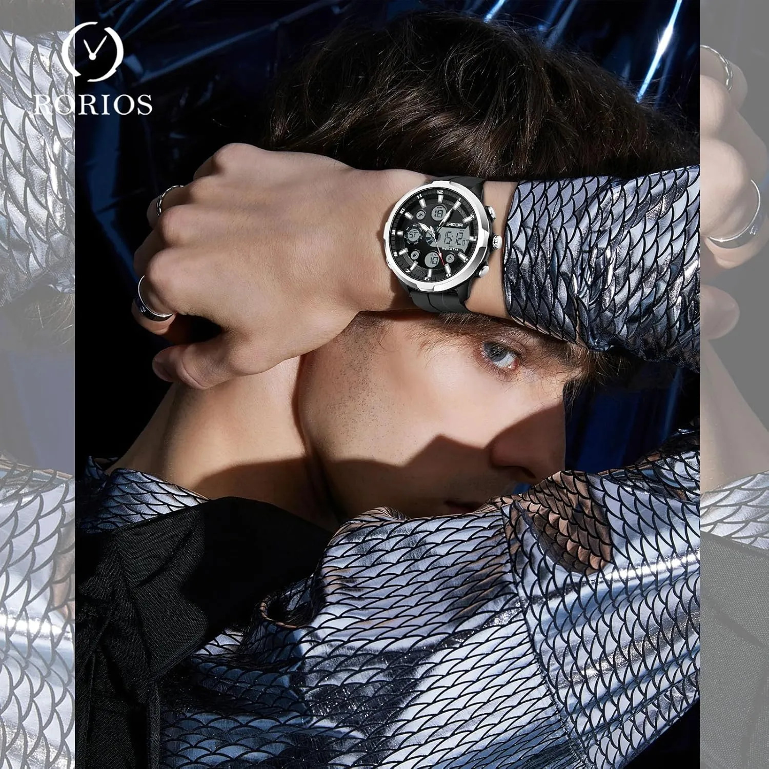 Fashion Multifunctional Watches Electronic Waterproof Silicone Strap RORIOS Men's zagros Dual Display Watch Sport Digital Wristwatch Analog Quartz 