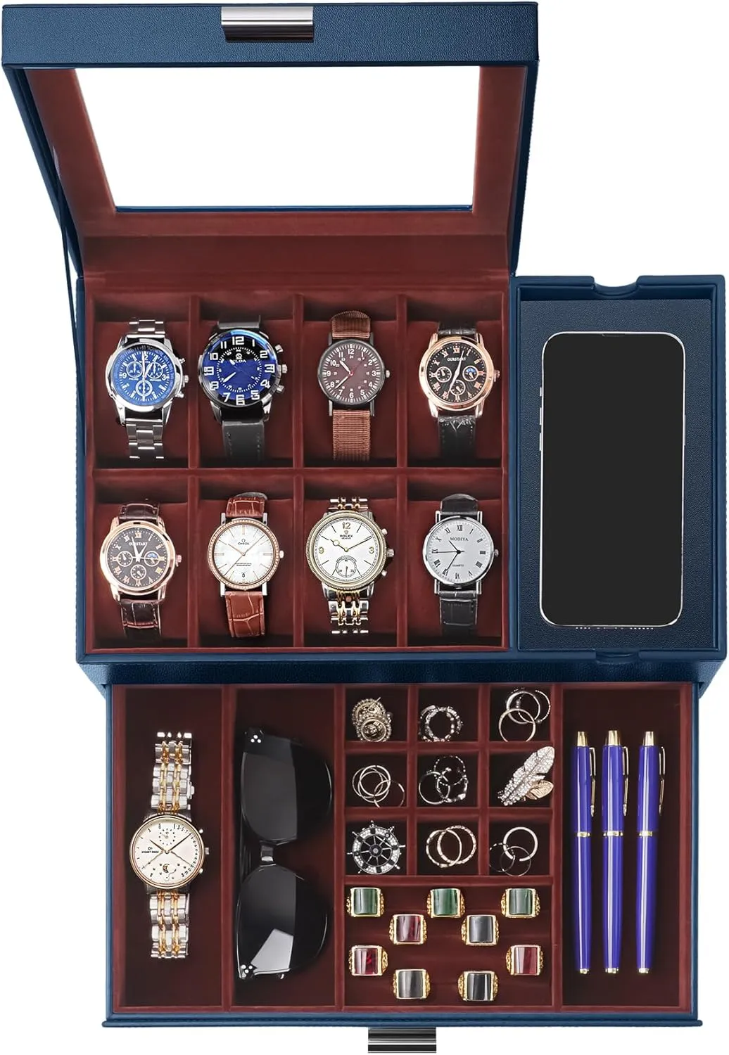 Father's Day, Birthday, Christmas, New Year (Blue) Dajasan Watch Box, Watch Case for Men, shyness pebble demolition peculiarity allende participator 8 Slot Watch Display Case with Glass Lid, Large Watch Holder Organizer, Watch Storage Case for 