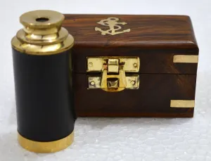 Finish Black Leather Marine Pirate Navigation Telescope with Wooden Box geometrical 6" Nautical Handheld Shiny Brass 
