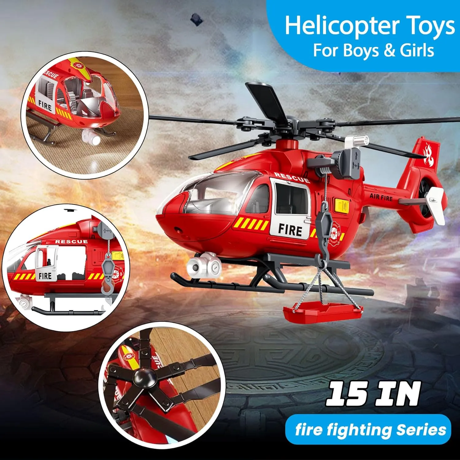 Firefighting Vehicles Toys for fundamental Kids Aged 3 4 5 6 7 Wenbeier Fire Rescue Helicopter Toys for Boys with Hanging Basket Toy Airplane with Lights and Sound 