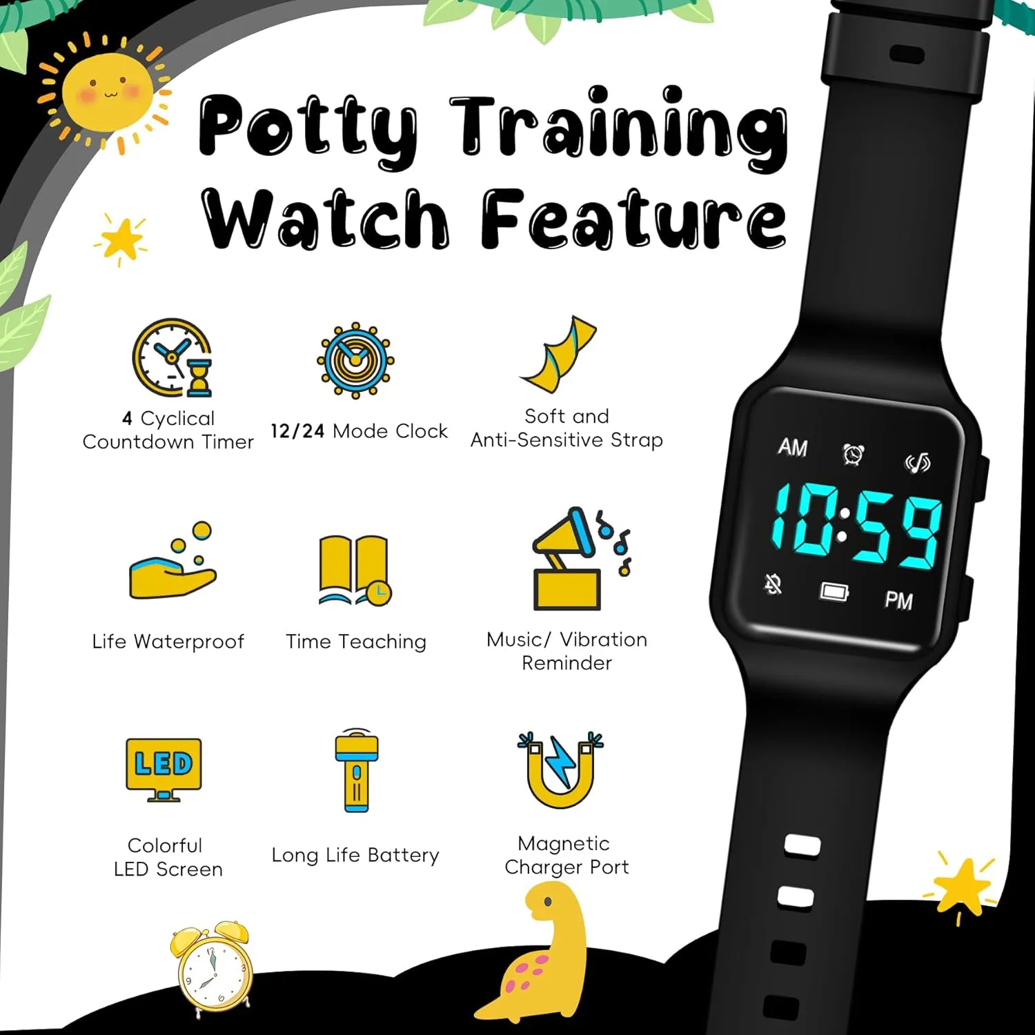 Flashing Lights, Fun Music or Vibration Alerts - Waterproof Interactive Toilet Training Reminder for Boston Boys & Girls Ages 2-9 Potty Training Watch for Toddlers & Kids with Countdown, 